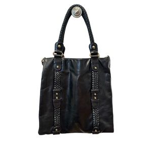 Badgley Mischka Leather Bag with Braided Handles and Trim, Black Gold Hardware